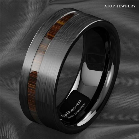 Men's Wedding Band - Black Brushed Off Center Koa Wood Ring for Men and Women - Picture 9 of 9